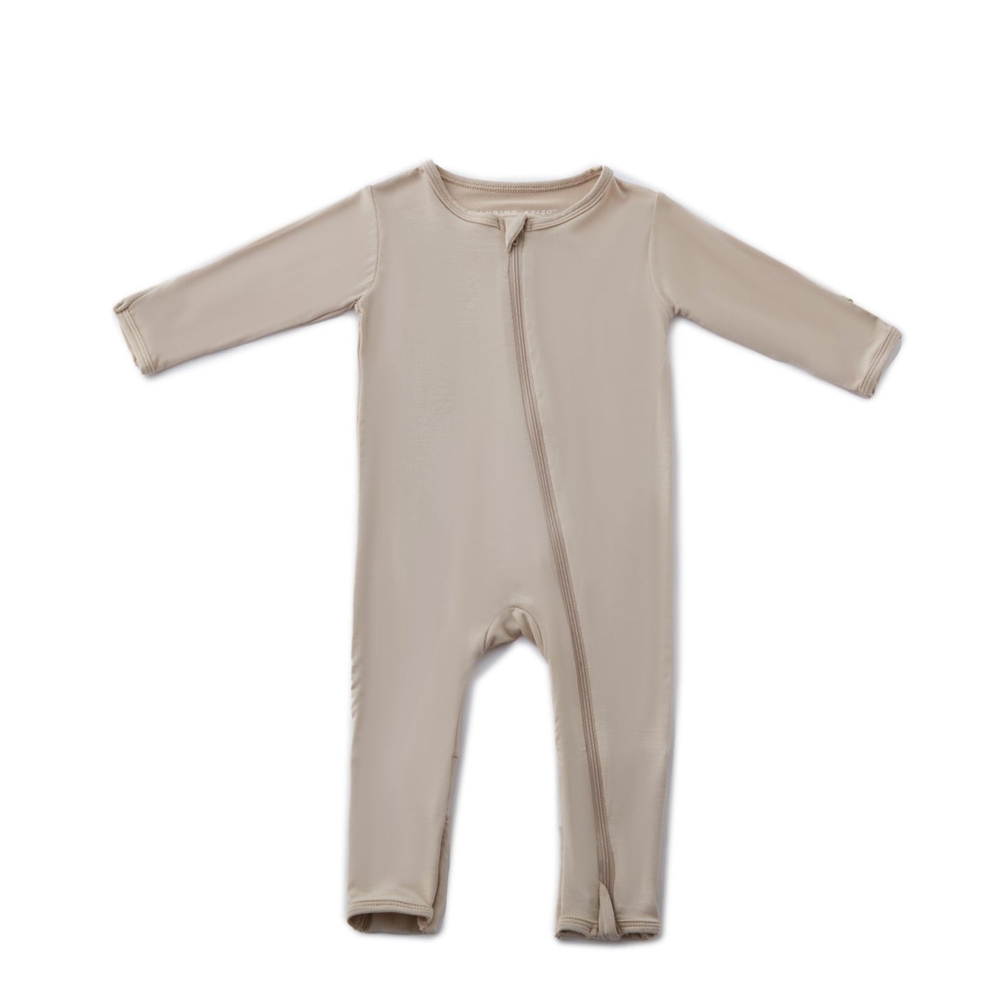 Beige baby romper with a zipper on a white background