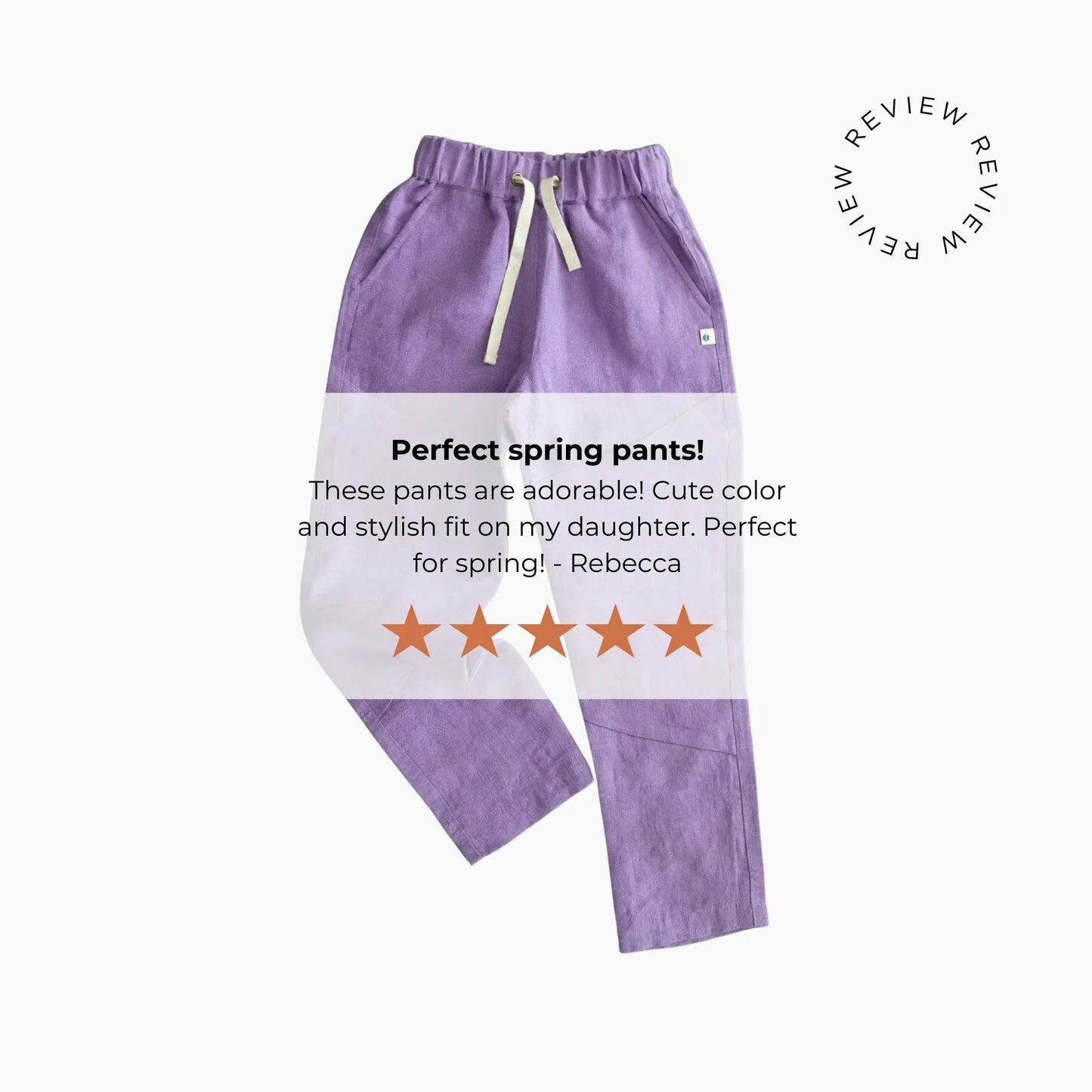 Purple pants with a five-star rating and review text on a white background