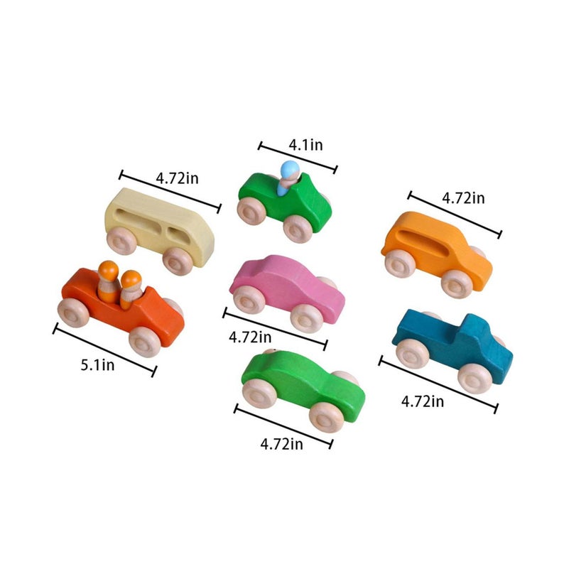 7 Pcs Natural Wooden Cars Set with 3 Peg Dolls