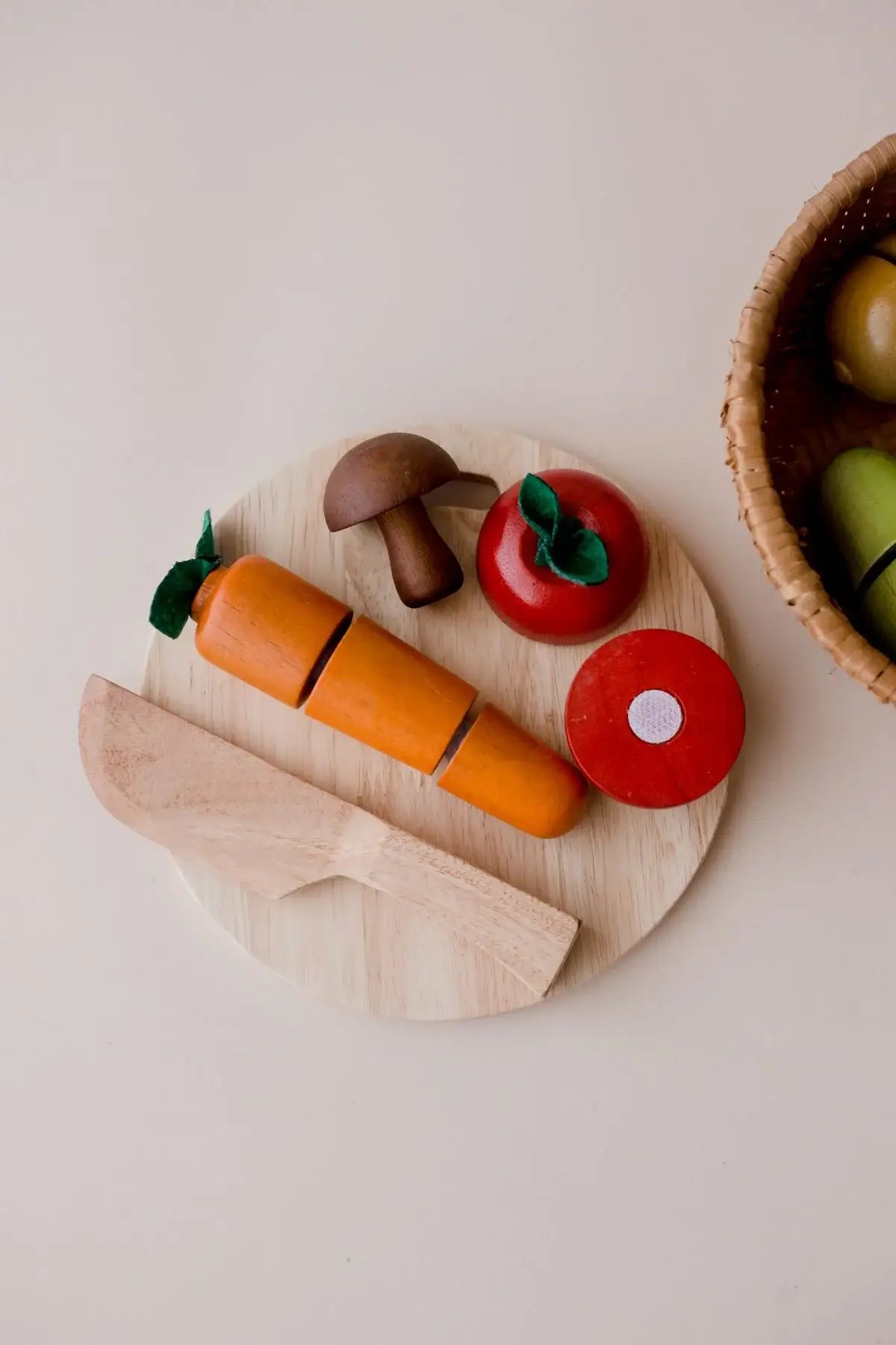 wooden produce set with knife and cutting board