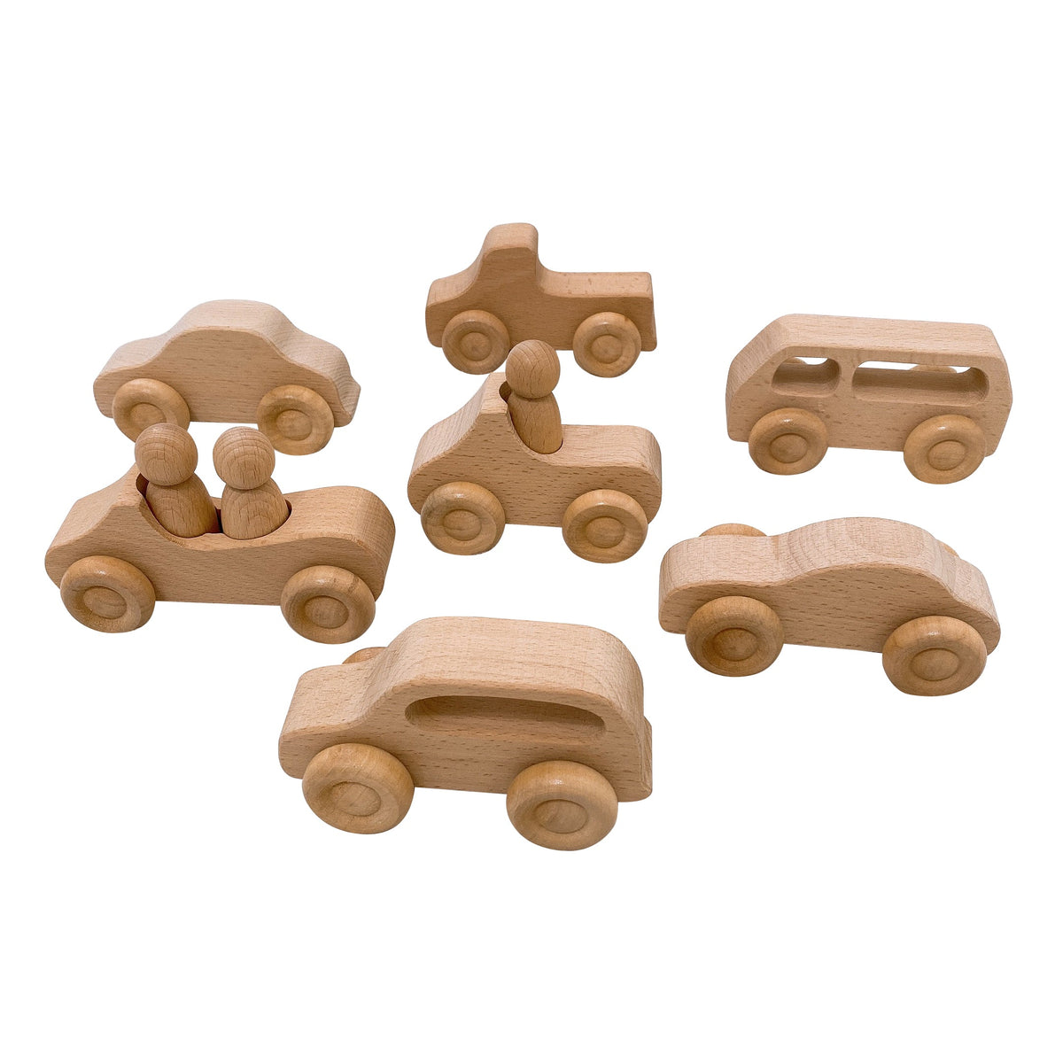 7 Pcs Natural Wooden Cars Set with 3 Peg Dolls