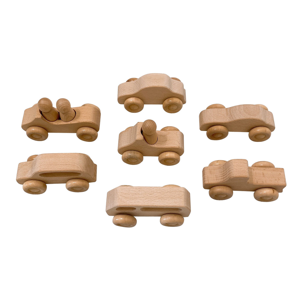 7 Pcs Natural Wooden Cars Set with 3 Peg Dolls