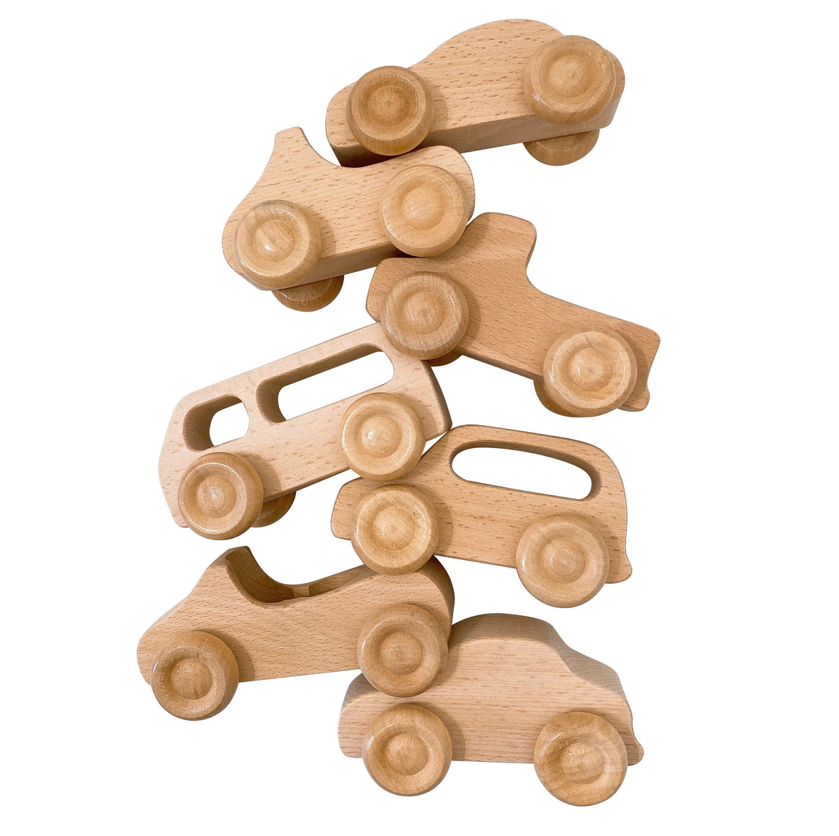 7 Pcs Natural Wooden Cars Set with 3 Peg Dolls