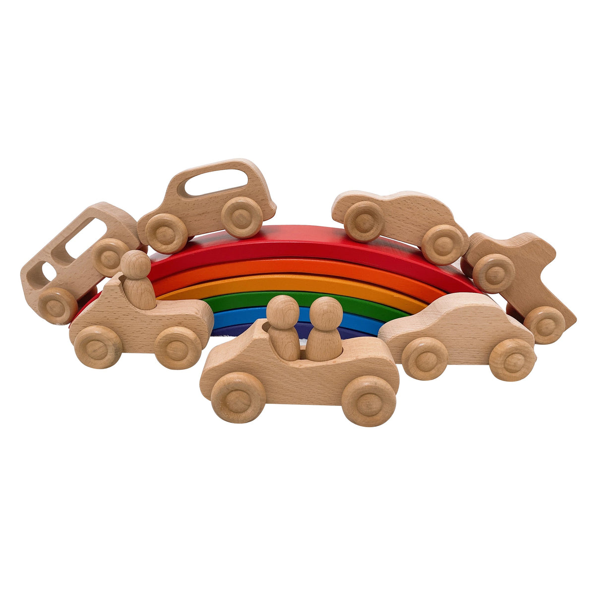 7 Pcs Natural Wooden Cars Set with 3 Peg Dolls