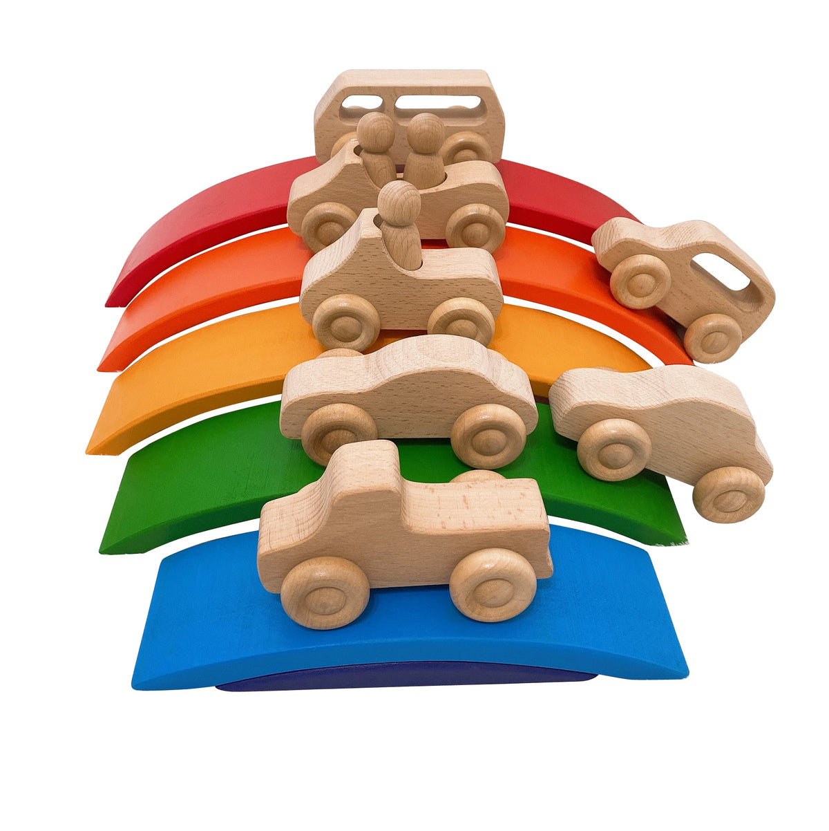 7 Pcs Natural Wooden Cars Set with 3 Peg Dolls