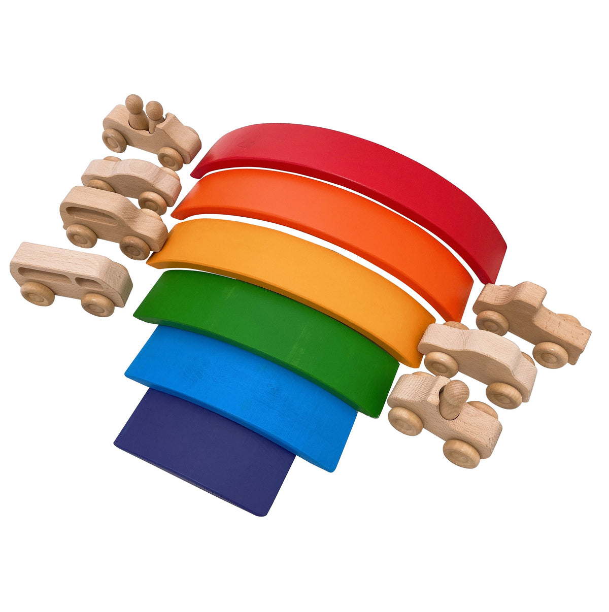 7 Pcs Natural Wooden Cars Set with 3 Peg Dolls