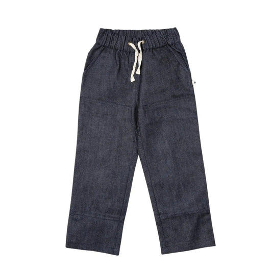 Dark blue pants with a white drawstring on a white background