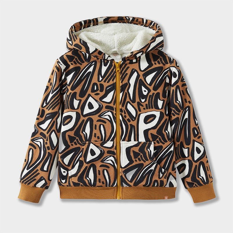 Brown patterned hoodie with a white interior on a light gray background