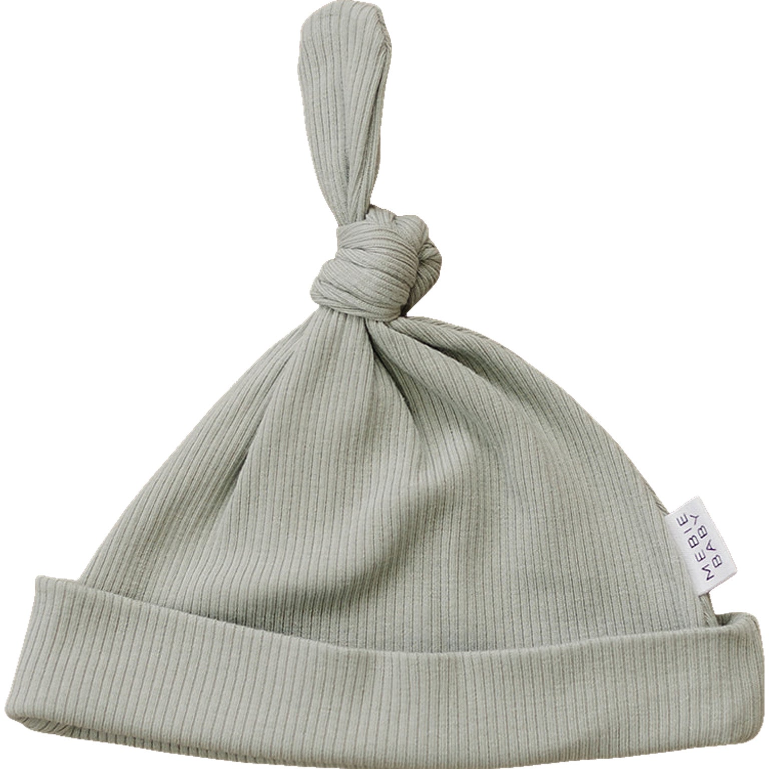 Light green ribbed baby hat with a knot on top and a label on a white background