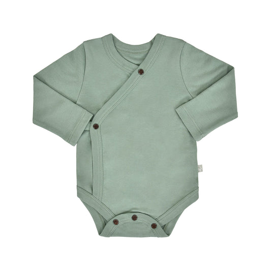 Green baby bodysuit with buttons on a white background