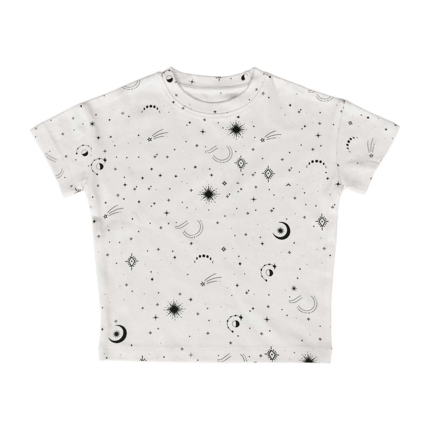 White t-shirt with black celestial pattern on a white background