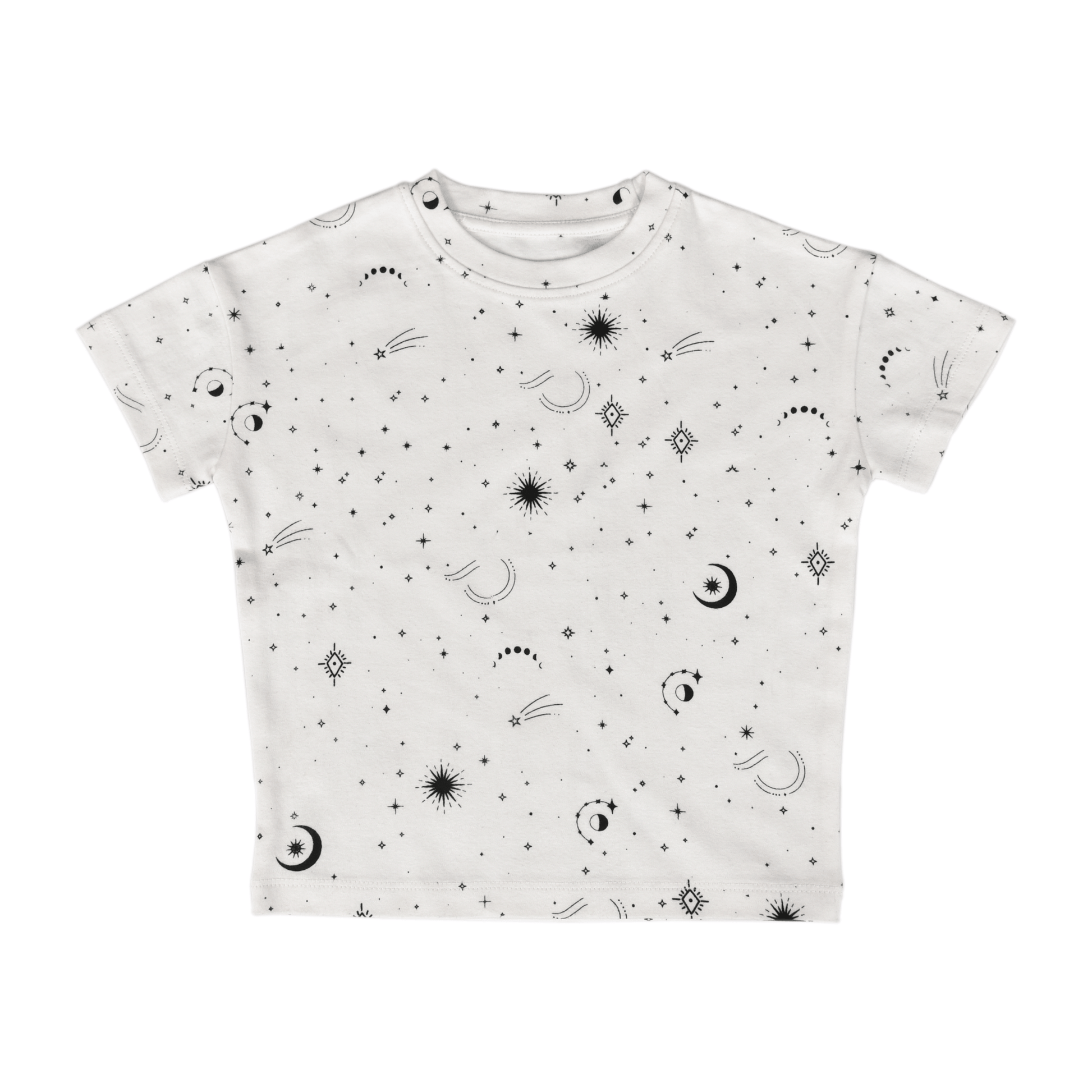 White t-shirt with black celestial pattern on a white background