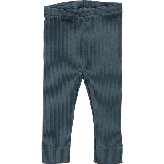 Blue ribbed baby leggings on a white background