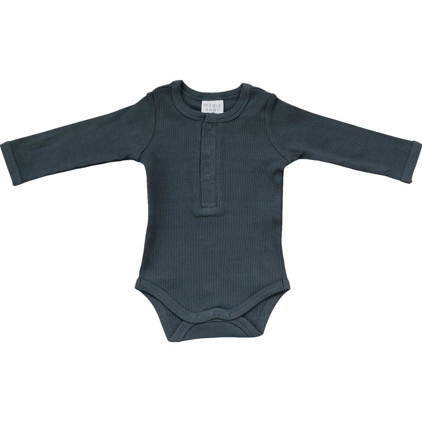 Dark green baby bodysuit with long sleeves on a white background