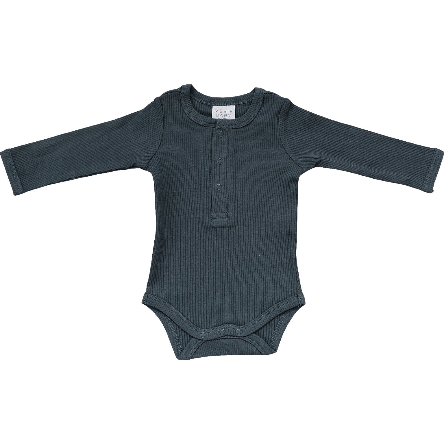 Dark green baby bodysuit with long sleeves on a white background