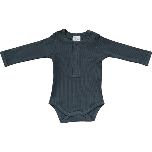 Dark green baby bodysuit with long sleeves on a white background