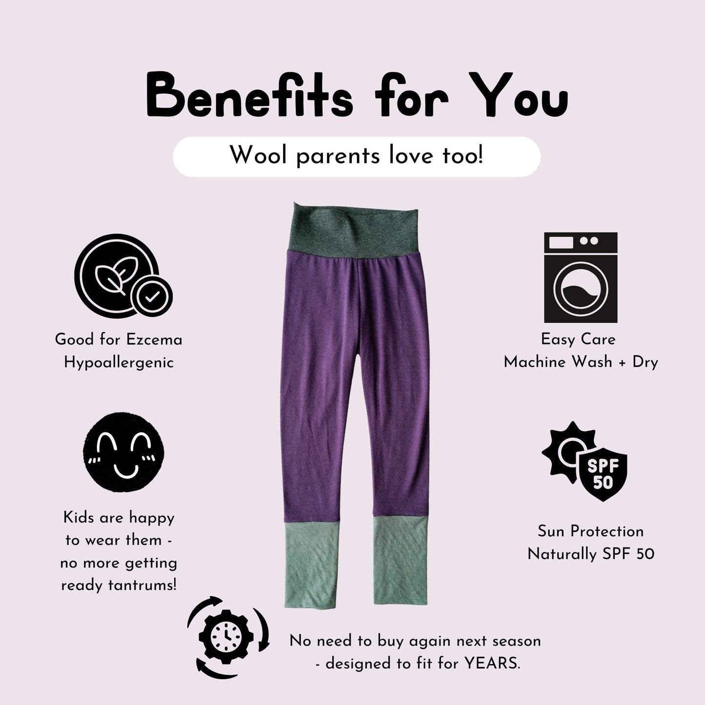 Purple and green pants with benefits listed on a light purple background