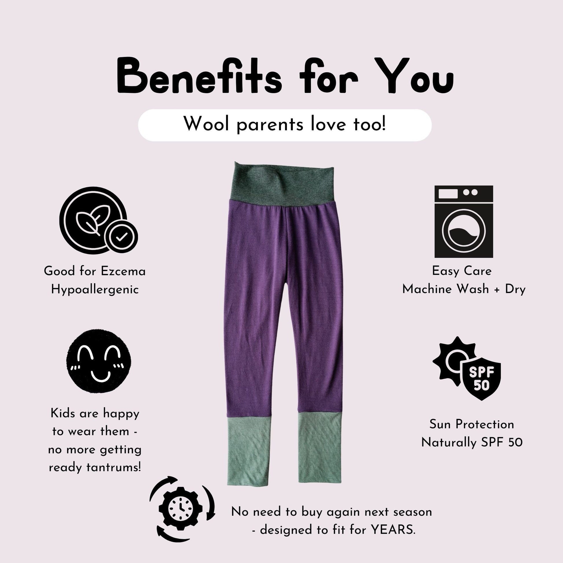 Purple and green pants with benefits listed on a light purple background