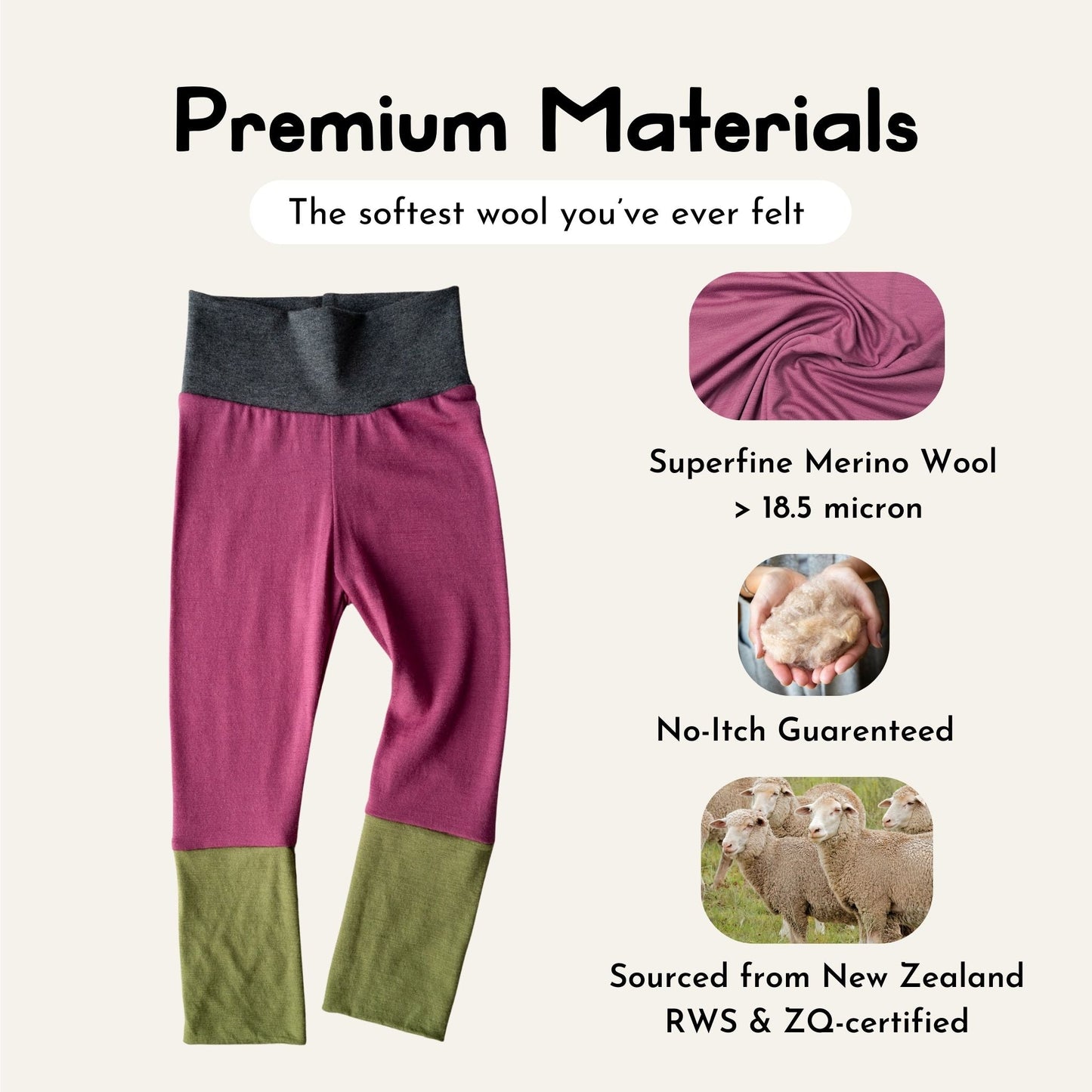 Purple and green pants with text about premium materials and New Zealand wool sourcing.
