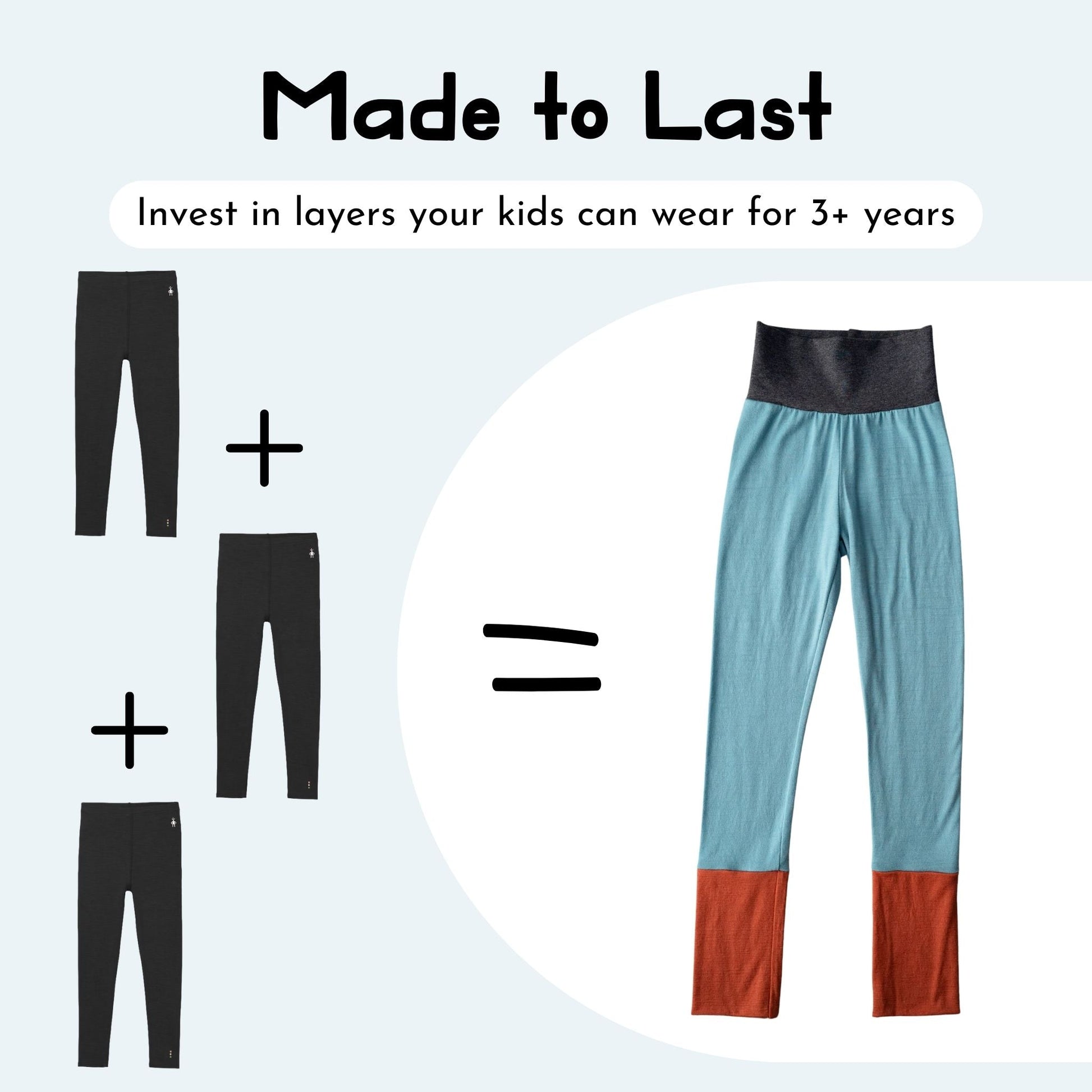 Children's leggings with a blue and red design, labeled 'Made to Last' on a light gray background.