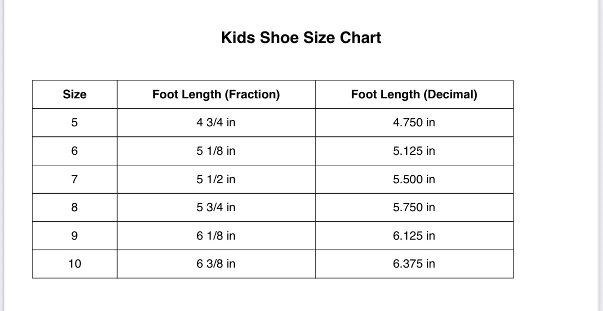 Kids shoe size chart with foot length measurements in fractions and decimals.