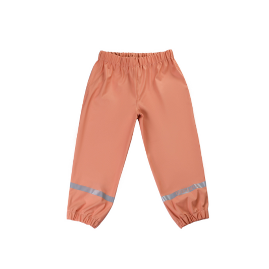Orange children's rain pants with reflective stripes on a white background