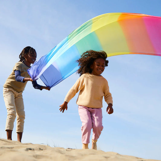 Two children playing with a colorful Giant  Rainbow Playsilk on a clear day.