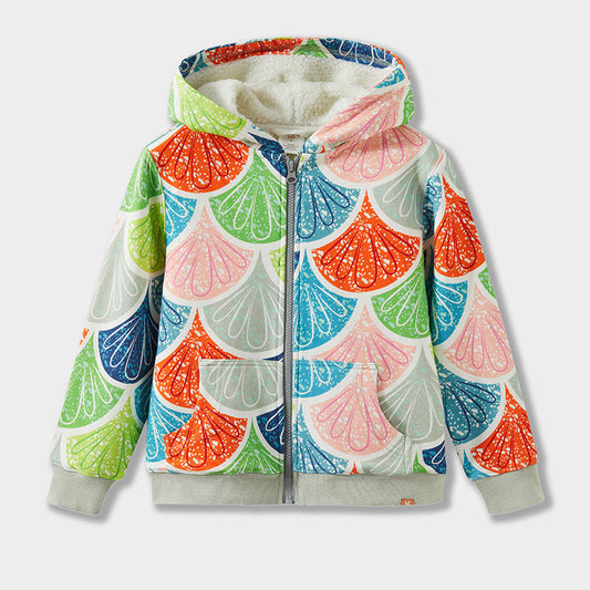 Colorful hooded jacket with shell pattern on a light gray background