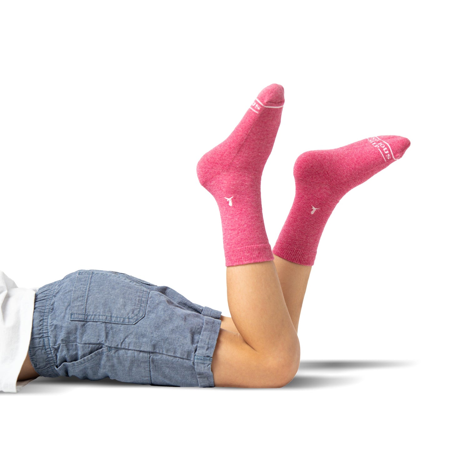 Person wearing pink socks with a logo on a white background