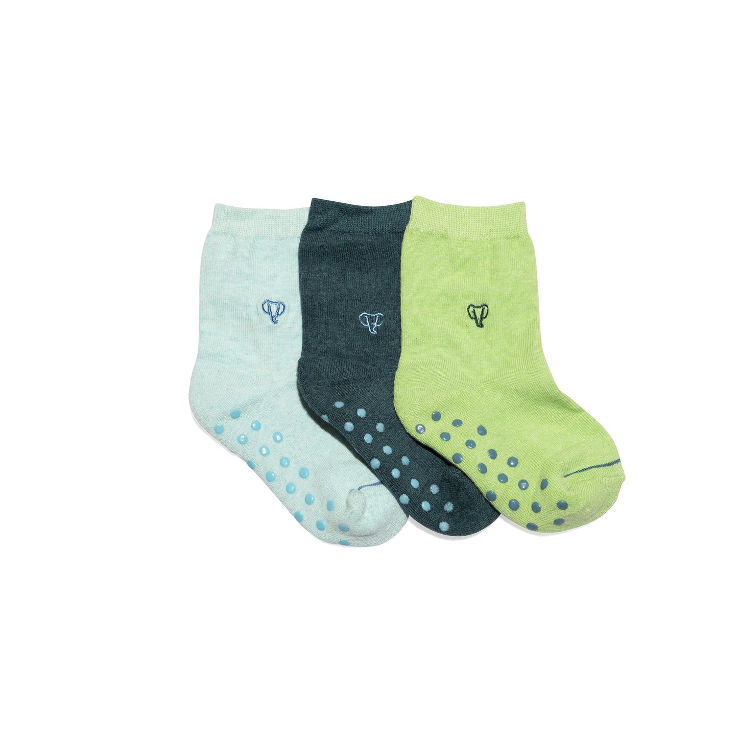 Three pairs of socks in light blue, black, and green on a white background