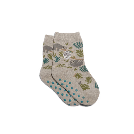 Pair of socks with sloth and leaf design on a white background