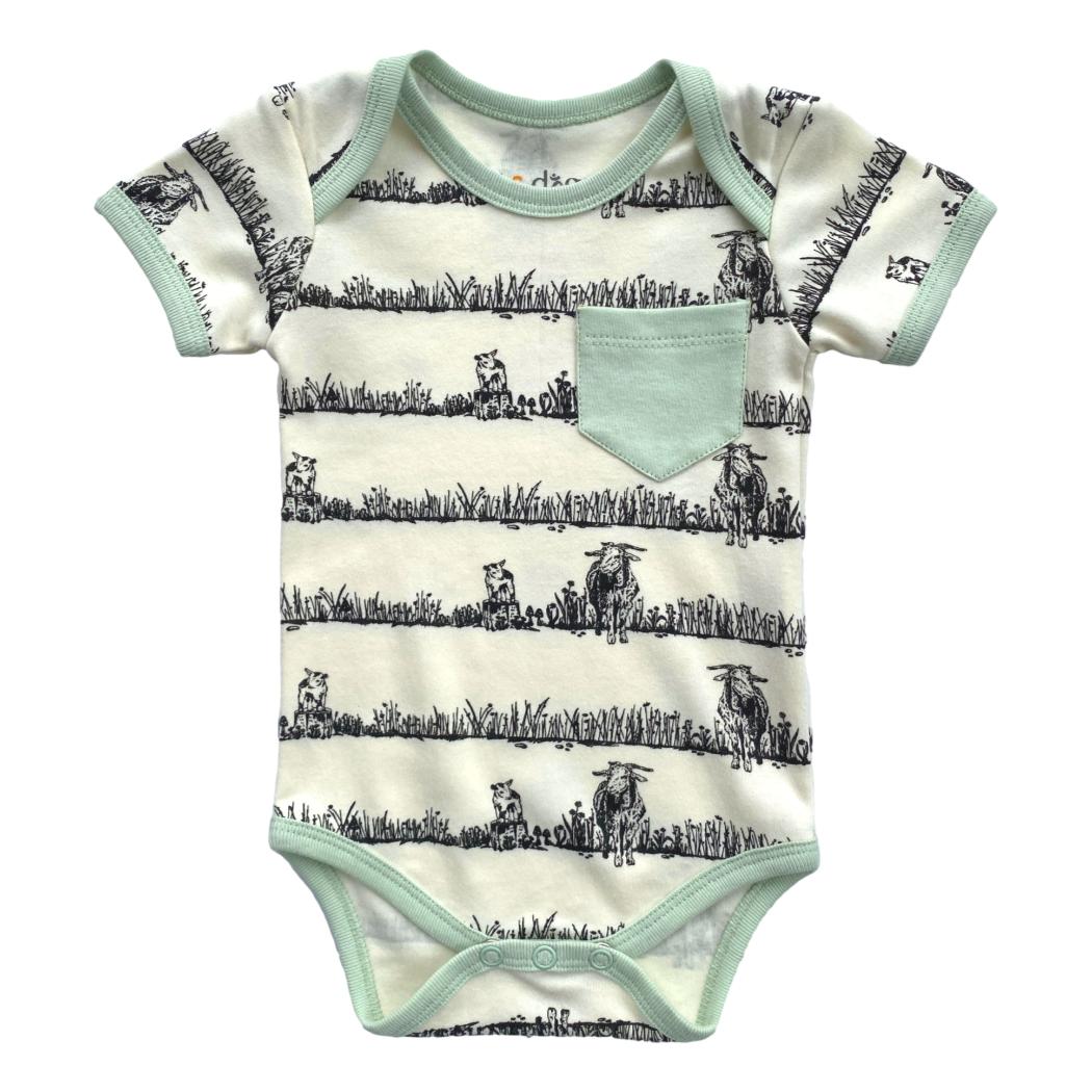 Baby bodysuit with black and white pattern on a white background