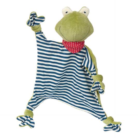 Frog-shaped plush toy with striped arms and legs on a white background