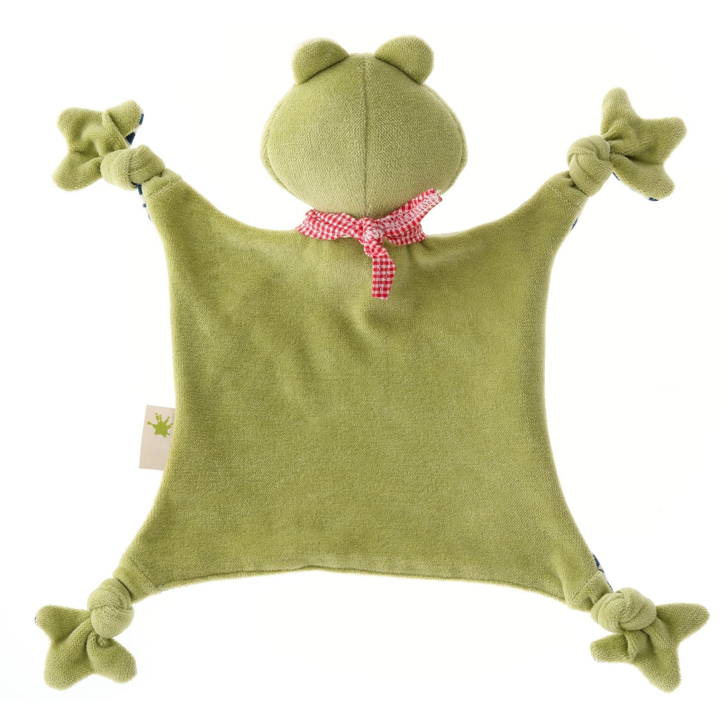Green frog-shaped comfort blanket with knotted legs on a white background