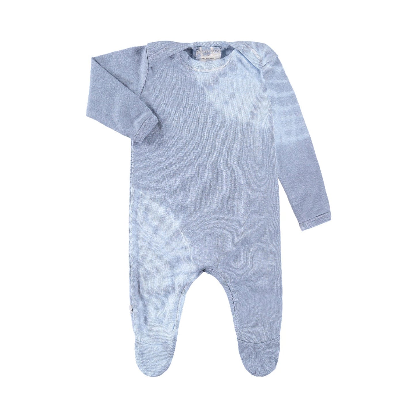 Blue baby onesie with tie-dye pattern on a white background