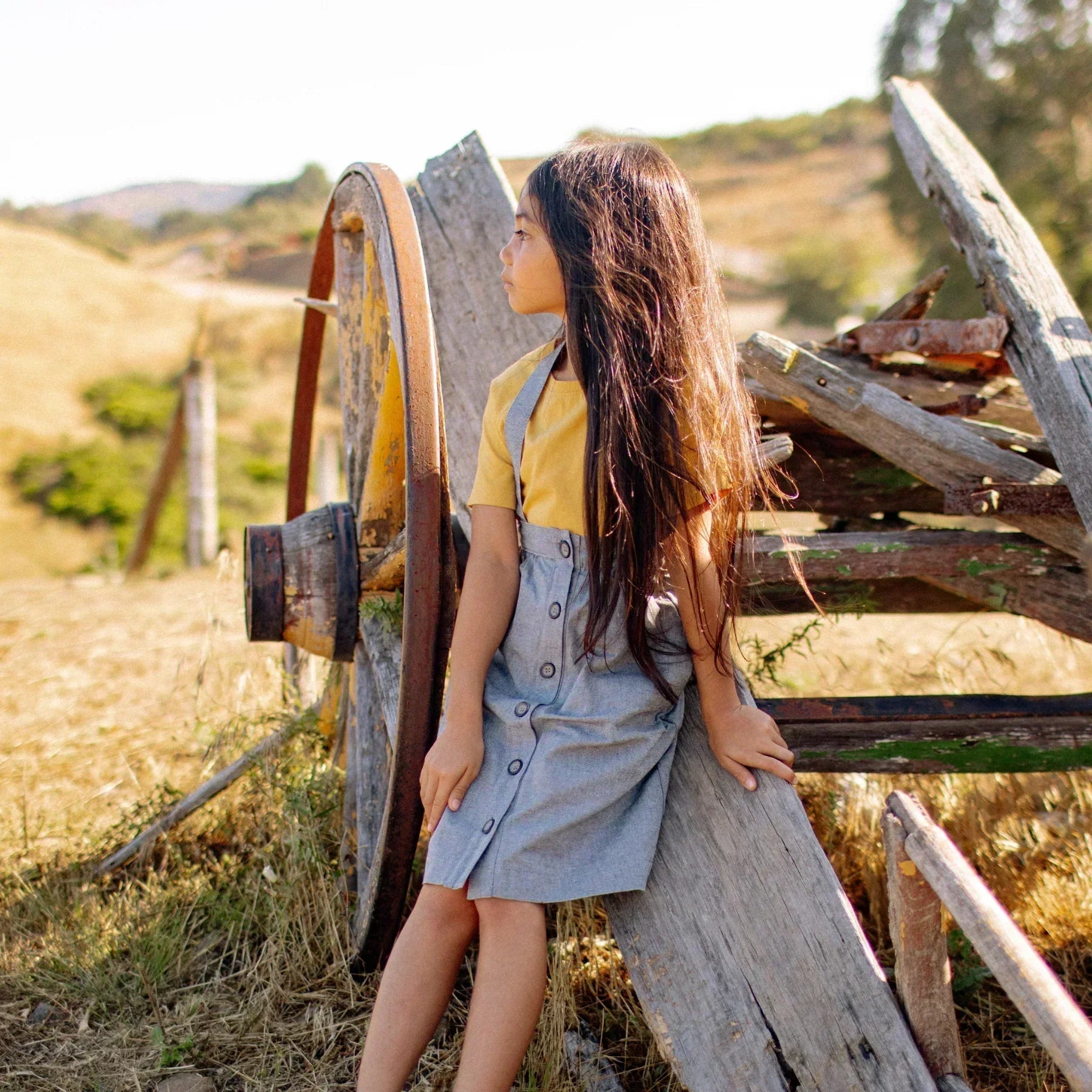 Young girl standing next to a wooden cart in a field