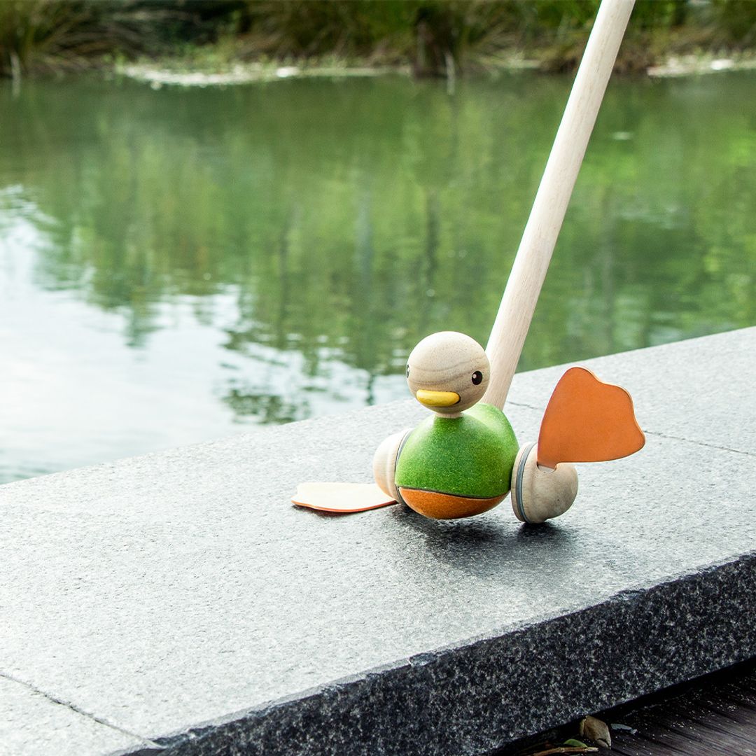 Wooden toy duck with a paddle on a stone ledge by a body of water.