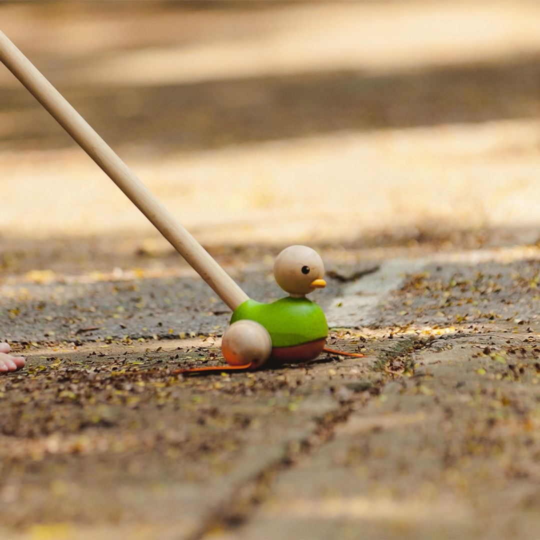 Toy duck on a stick on a textured surface