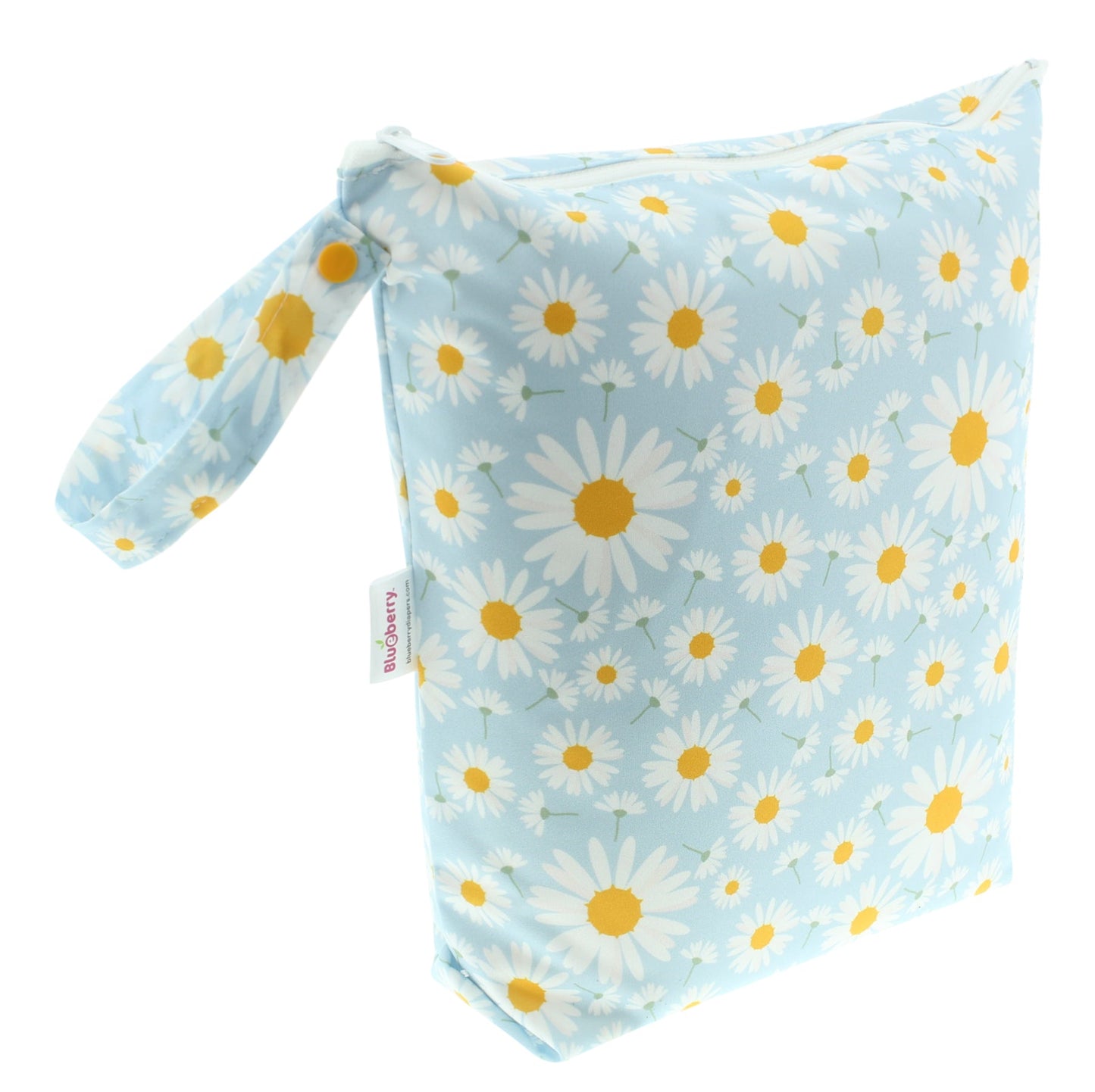 Baby bib with daisy pattern on a light blue background