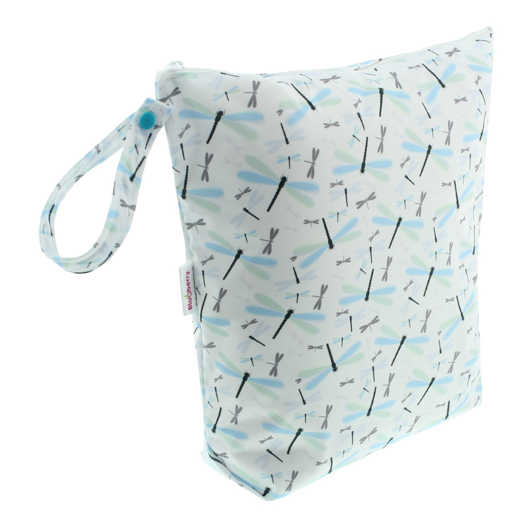 Patterned bag with dragonfly design on a white background
