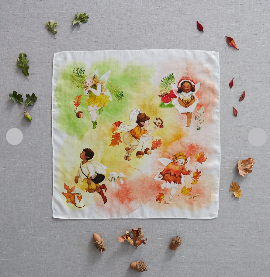 Playsilk with fairy design on a gray background