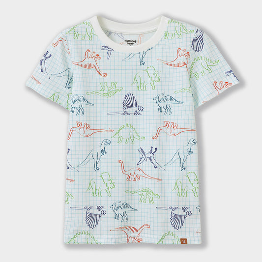 Children's t-shirt with dinosaur pattern on a light blue checkered background