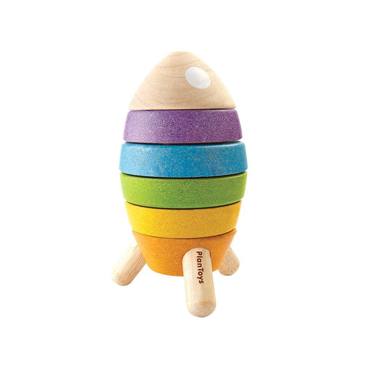 Colorful wooden stacking toy with 'PlanToys' branding on a white background