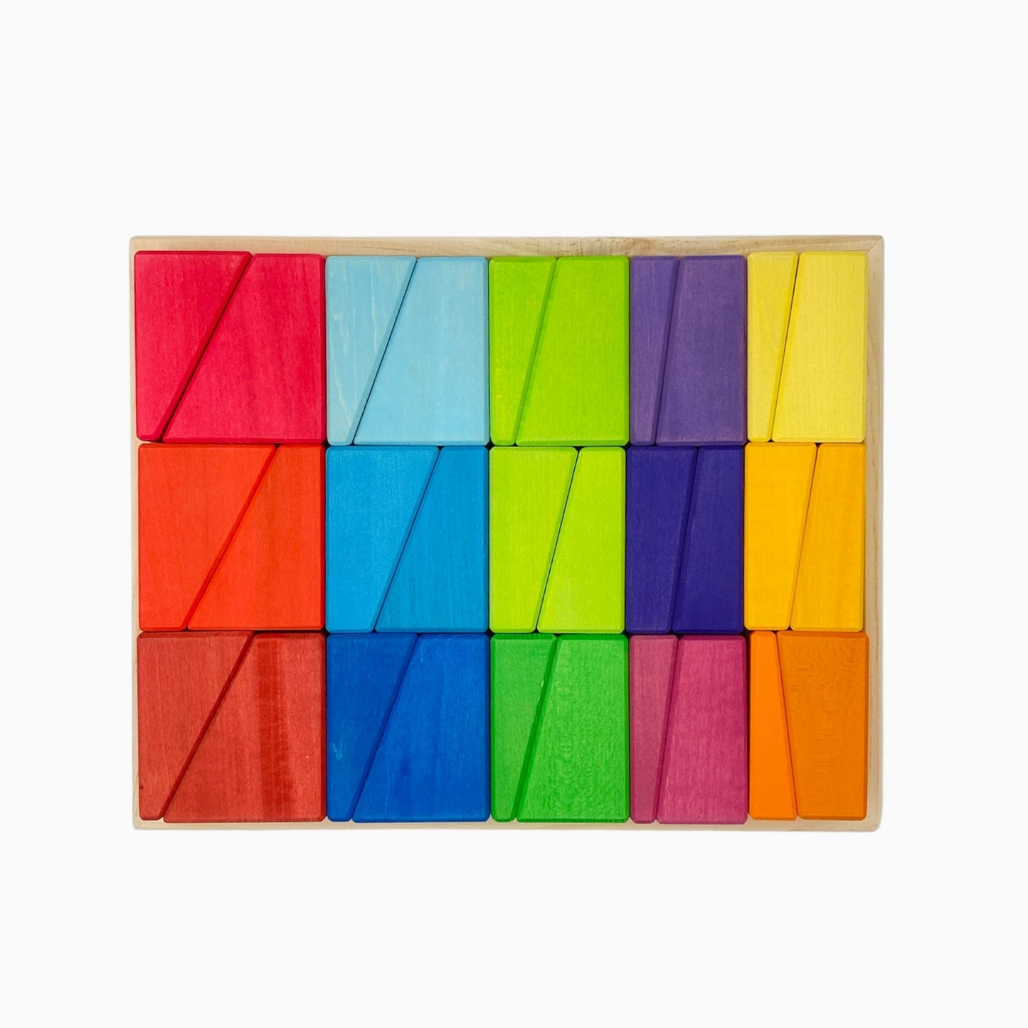 Set of colorful wooden blocks in a wooden box on a white background