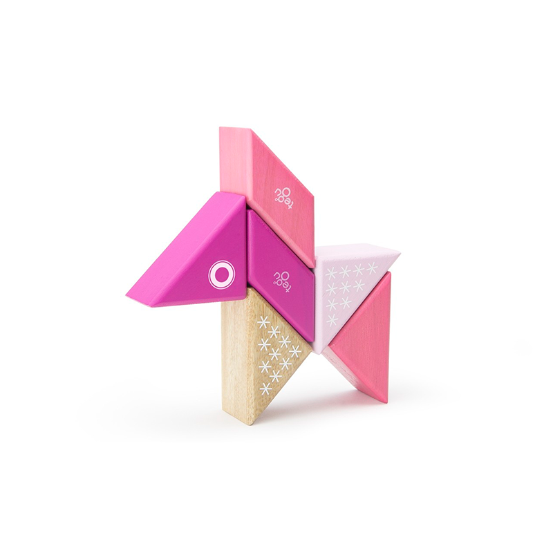 Colorful geometric wooden blocks on a white background