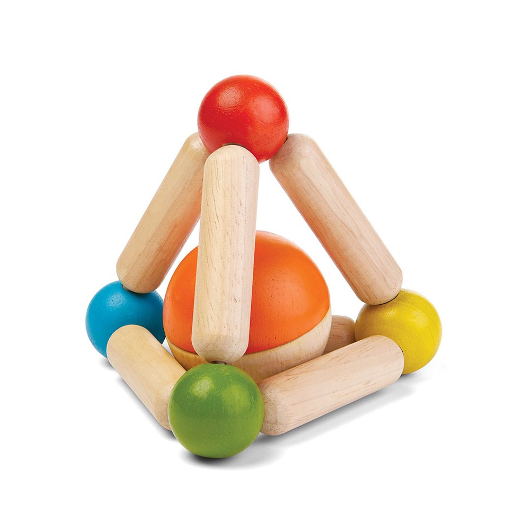Colorful wooden toy with spheres and wooden sticks on a white background