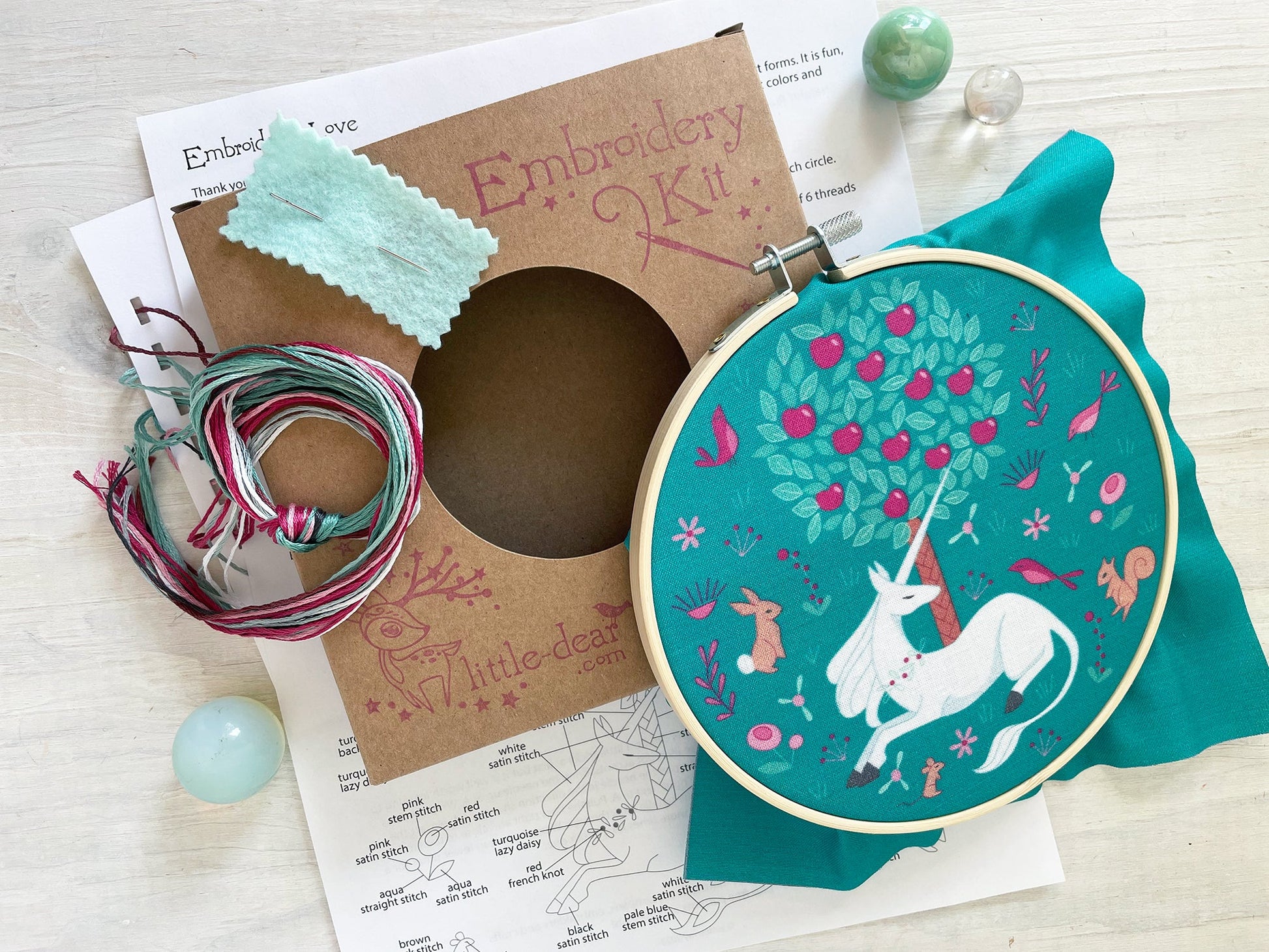 Embroidery kit with hoop, thread, and pattern on a wooden surface
