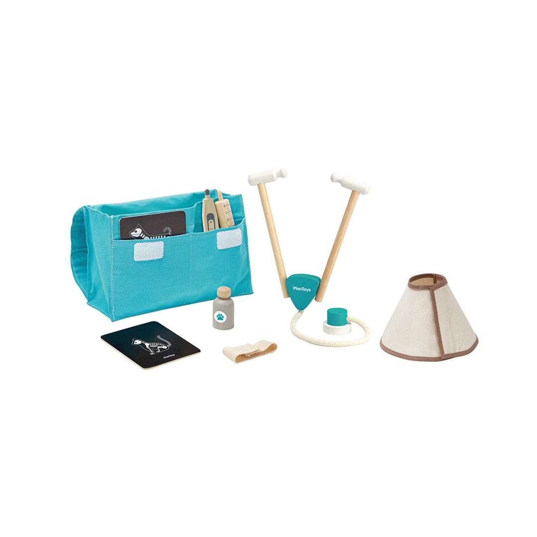 Pet grooming kit with blue bag, cone, brush, and other tools on a white background