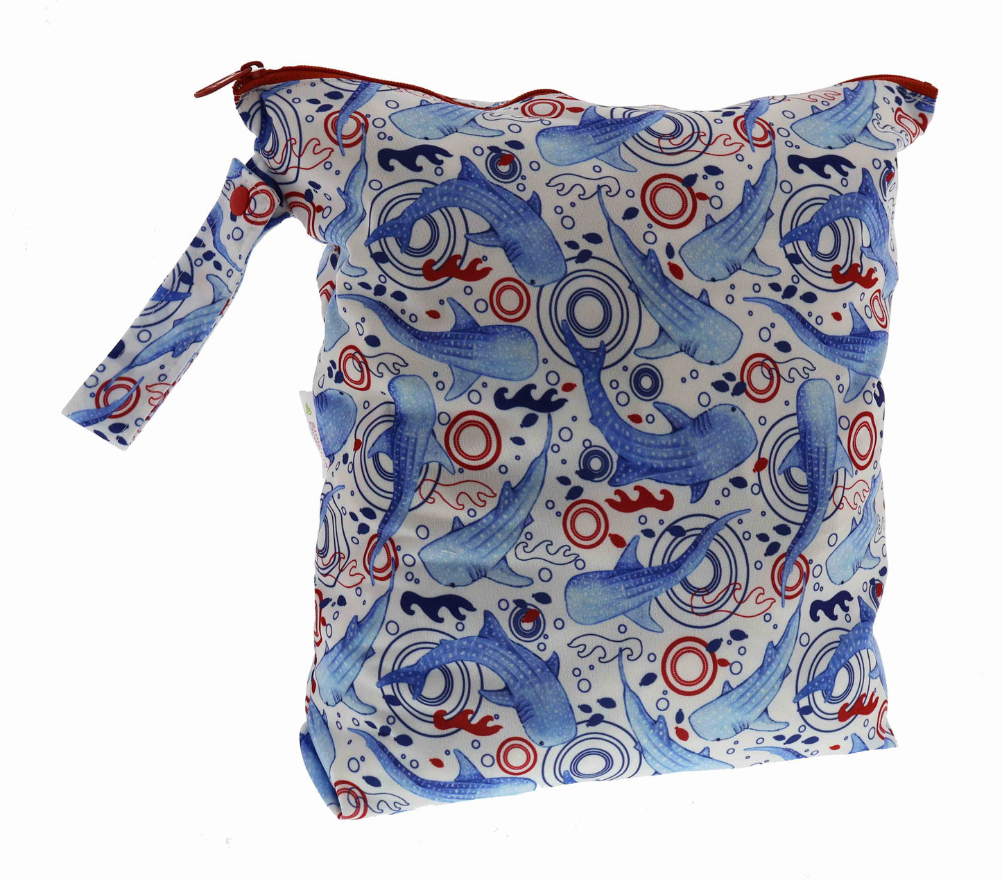 Reusable shopping bag with blue whale pattern on a white background