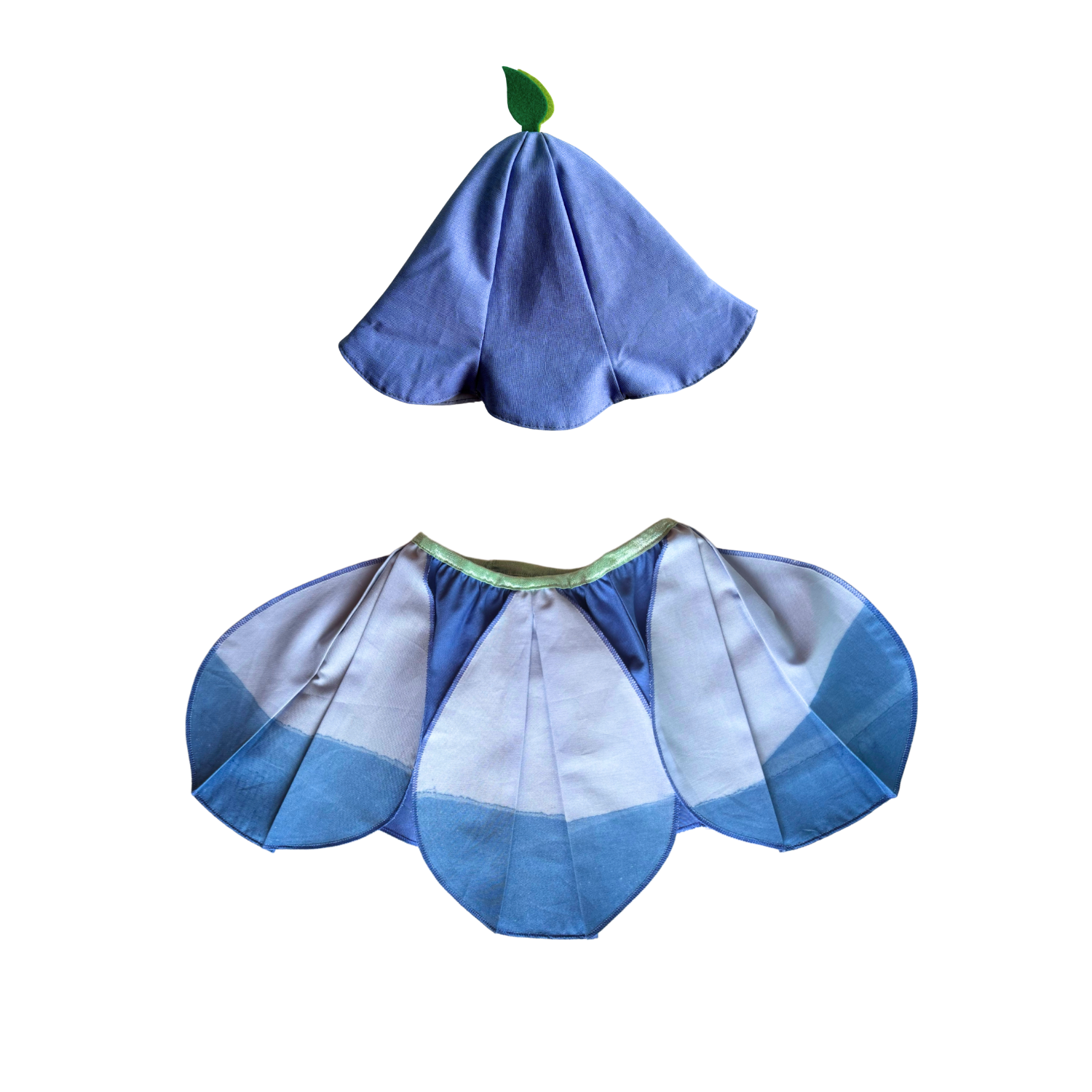 Blue and white pet costume shaped like a flower on a white background